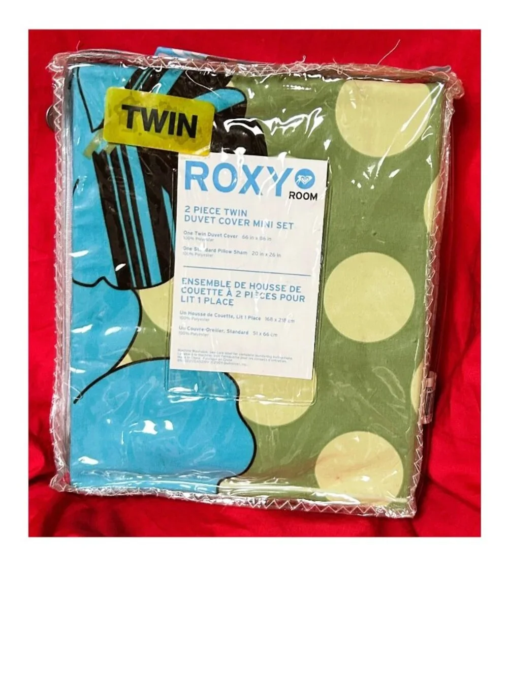TWIN sz duvet/comforter cover sham set~vtg Roxy vivid blue/green polka dot ~2 pc
